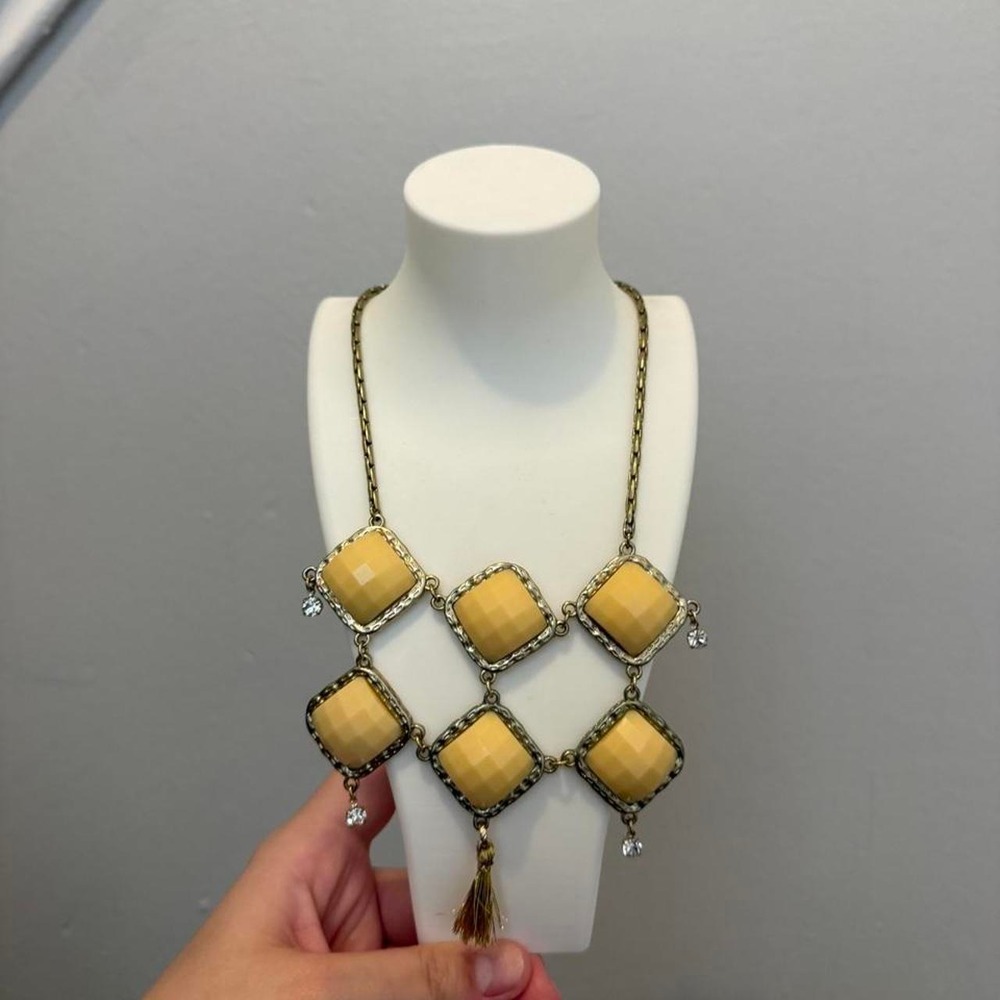 Mustard Yellow Faceted Square Statement Necklace Rhinestone Tassel Boho